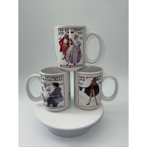 3 Norman Rockwell Saturday Evening Post Coffee Mugs 2002 Christmas Set (3) - Picture 1 of 6